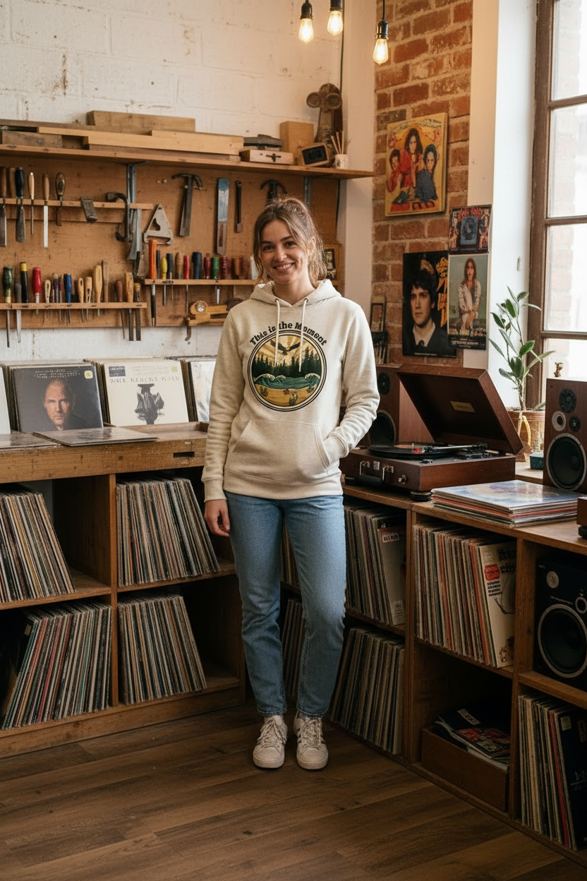 Female model - This is the Moment cream hoodie expanded