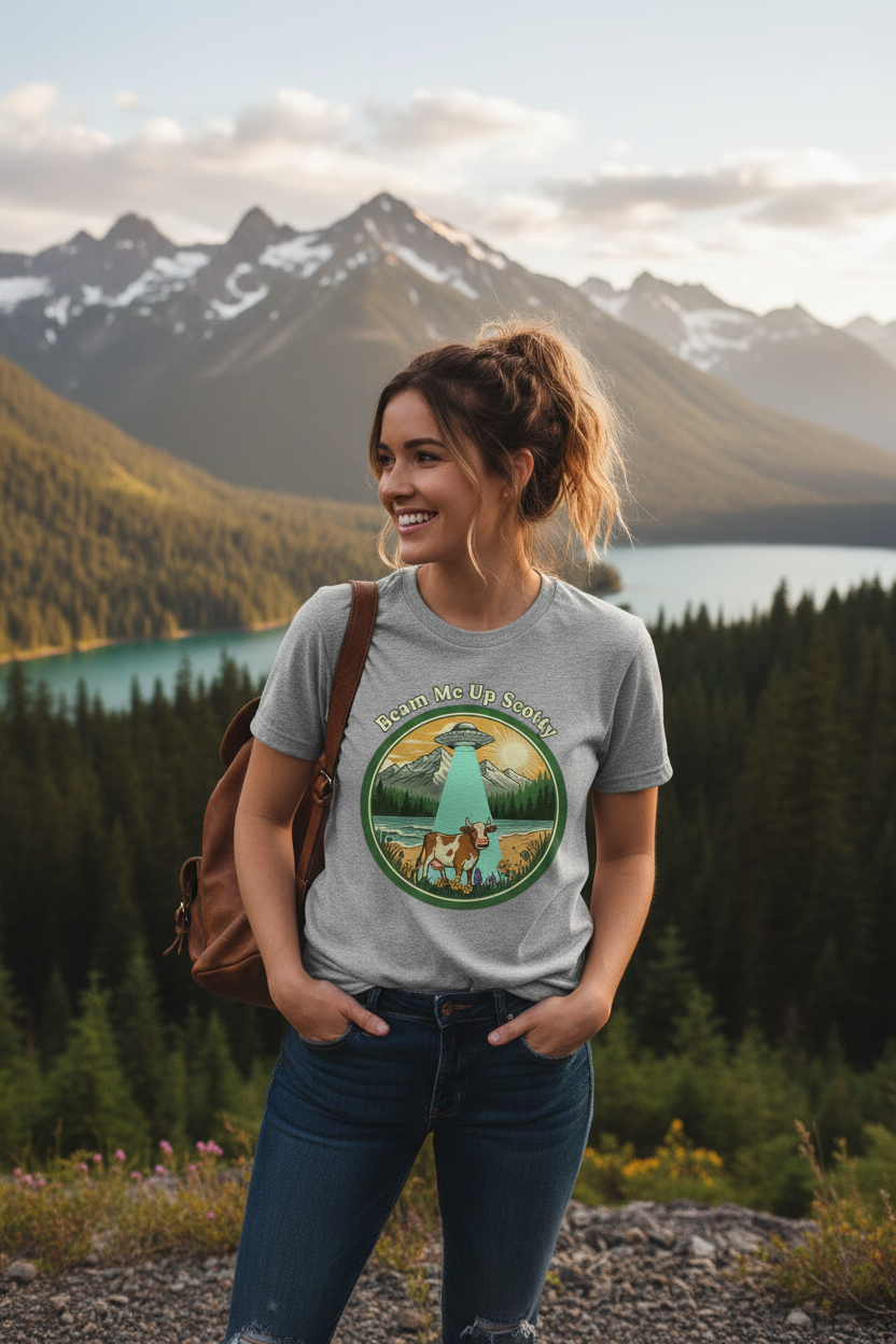 Female model wearing Beam Me Up Scotty t-shirt
