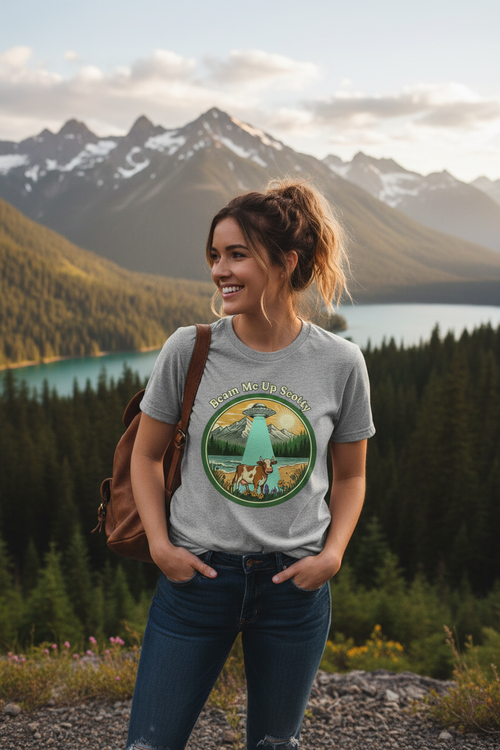 Female model wearing Beam Me Up Scotty t-shirt