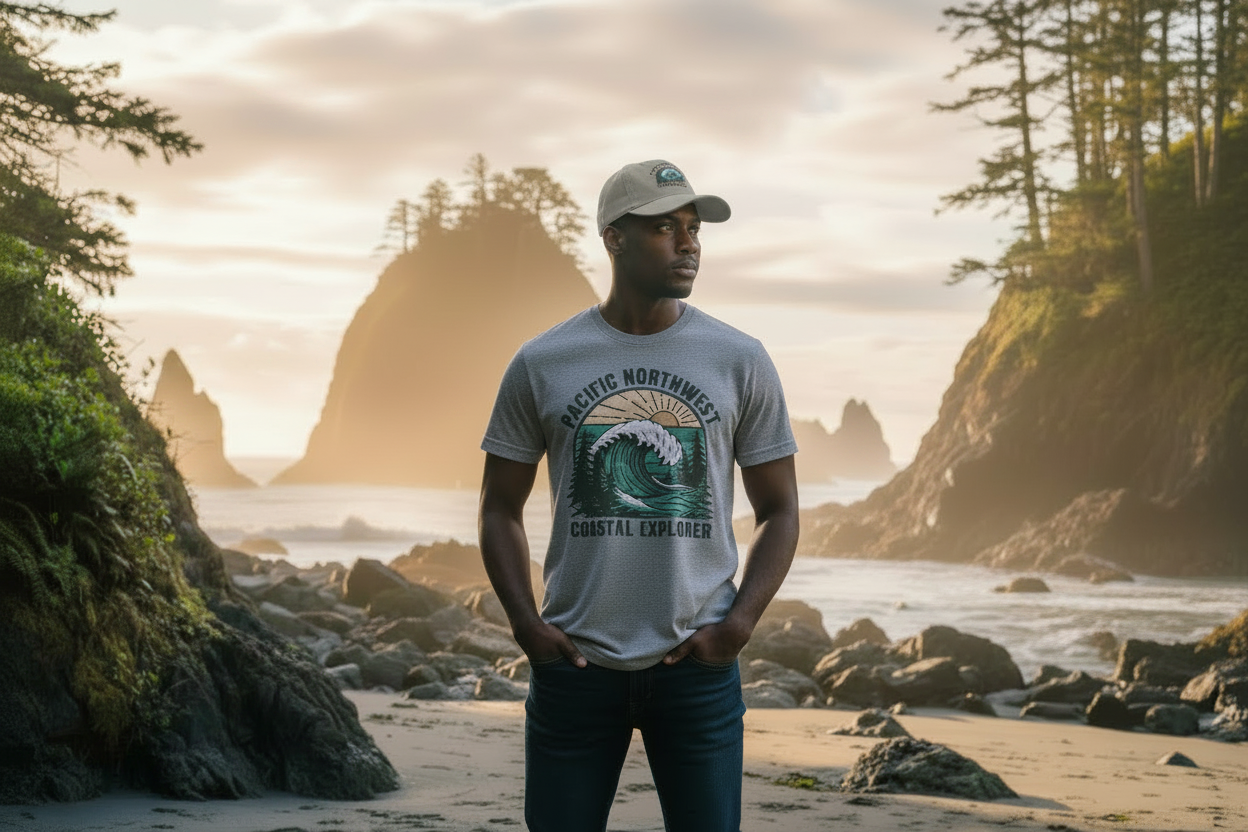 Pacific Northwest Beach Logo Hat on a rocky coastline at golden hour