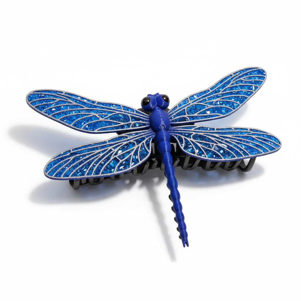3D-Printed Dragonfly Hair Claw with blue body, sapphire and silver wings - standalone product shot