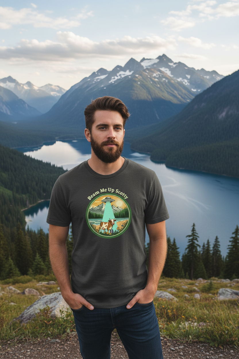 Male model wearing Beam Me Up Scotty t-shirt
