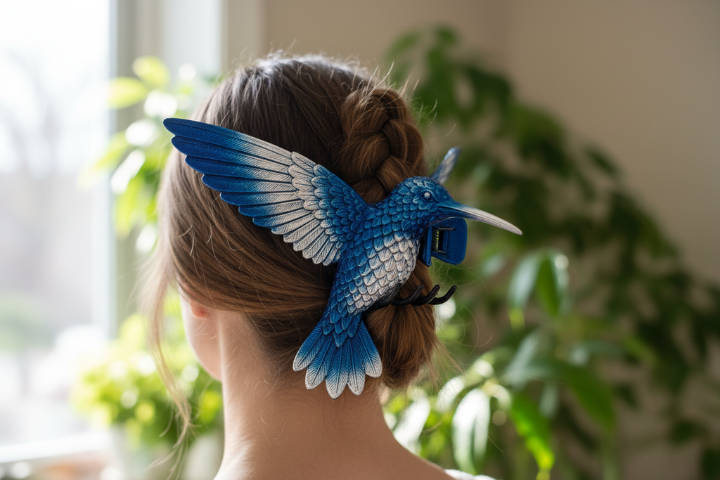 3D-Printed Hummingbird Hair Claw in Sapphire Blue and Silver - lifestyle shot