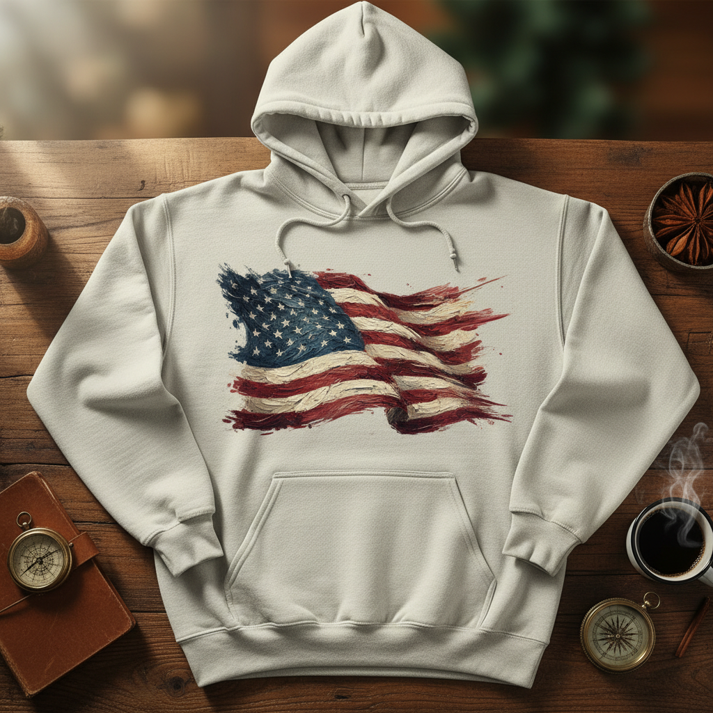 Rustic American Flag Hoodie | Holiday Sale | Painterly Wind-Blown Design