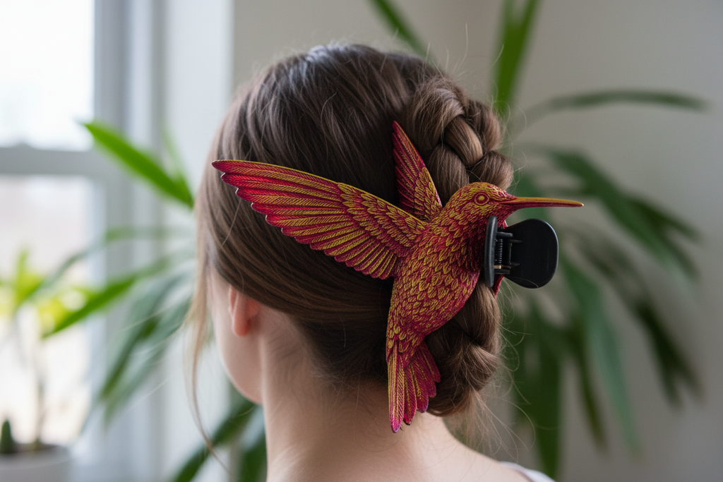 3D-Printed Hummingbird Hair Claw in Ruby Red and Gold