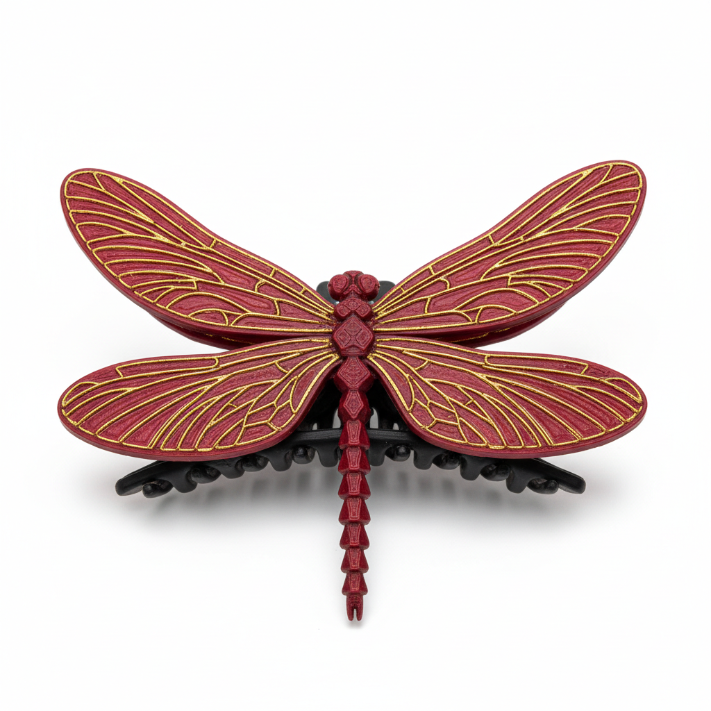 3D-Printed Dragonfly Hair Claw in Ruby Red and Gold - standalone product shot