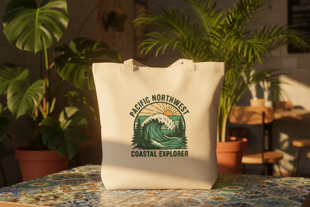 Pacific Northwest Beach Logo Tote Bag standalone in a tropical urban setting