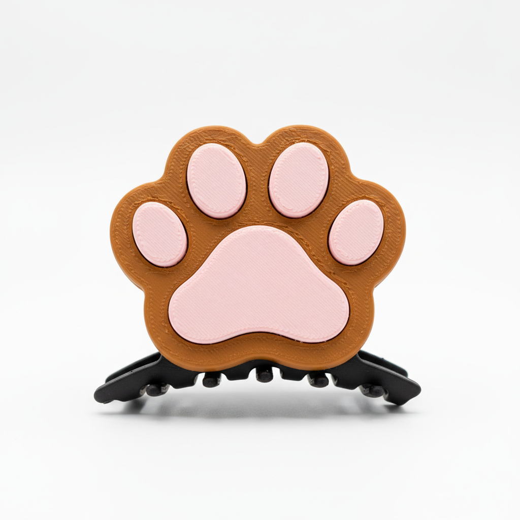 3D-Printed Dog Paw Hair Claw in caramel brown and pink - standalone product shot