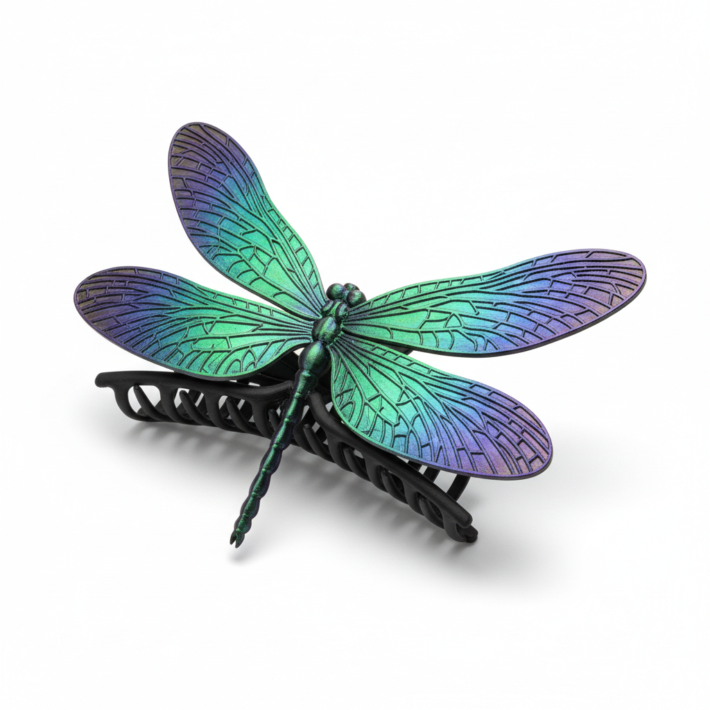 3D-Printed Dragonfly Hair Claw in Emerald Green and Deep Violet - standalone product shot