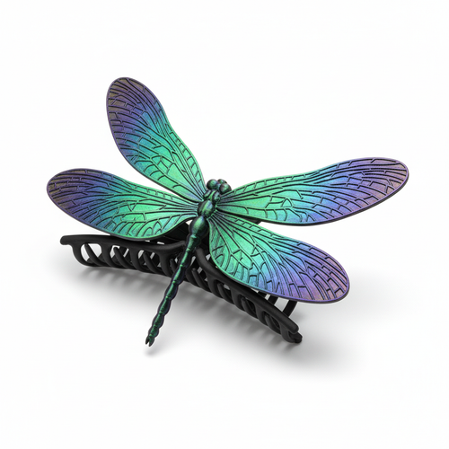 3D-Printed Dragonfly Hair Claw in Emerald Green and Deep Violet - standalone product shot