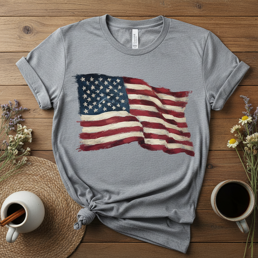 Rustic painterly American flag t-shirt with wind-blown design