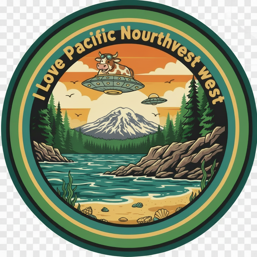 I Love Pacific Northwest circular badge with UFO cow design