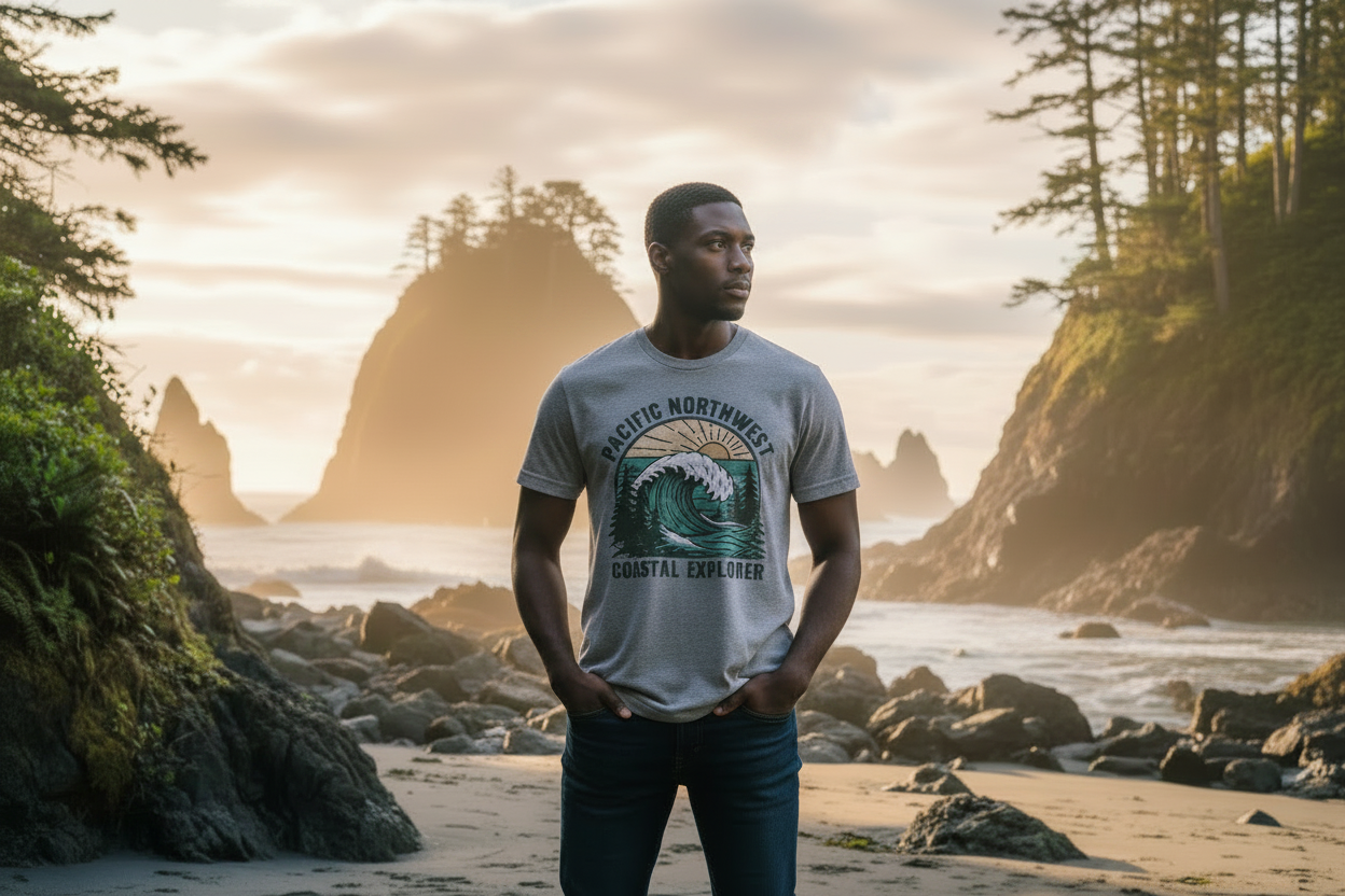 Athletic diverse male model wearing the Pacific Northwest Beach T-Shirt on a rocky coastline at golden hour