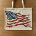 Rustic painterly American flag canvas tote bag with wind-blown design