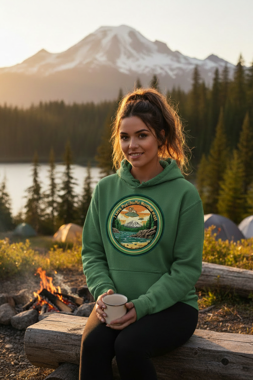 Woman by campfire wearing I Love the Pacific Northwest green hoodie
