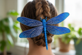 3D-Printed Dragonfly Hair Claw with blue body, sapphire and silver wings - lifestyle shot