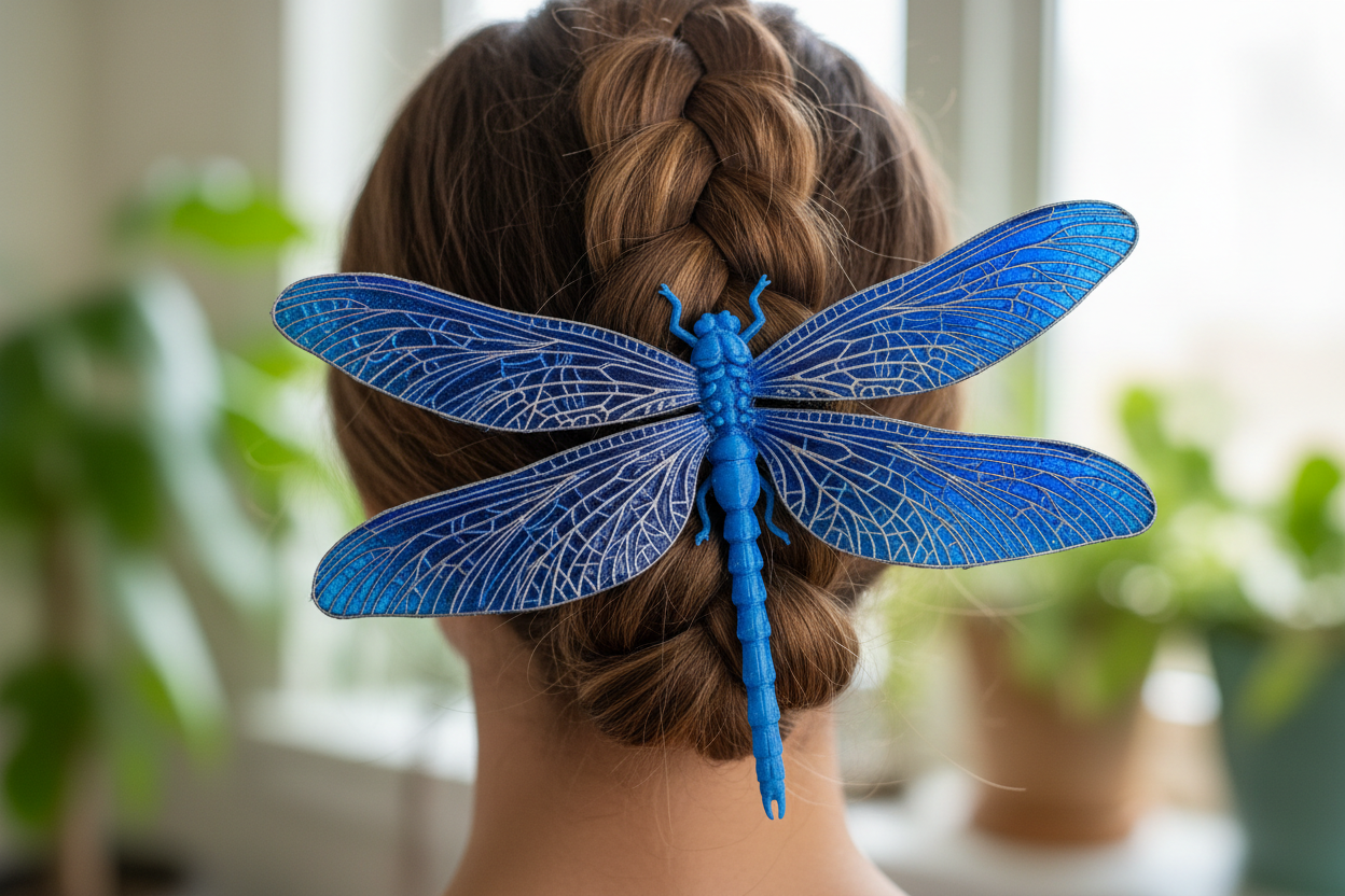 3D-Printed Dragonfly Hair Claw with blue body, sapphire and silver wings - lifestyle shot