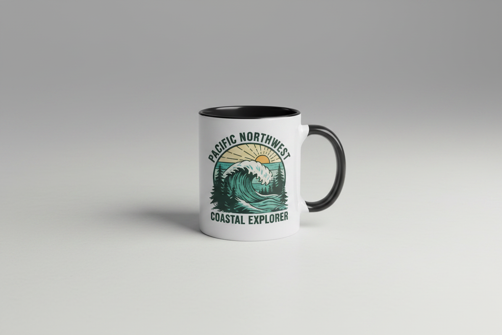 Pacific Northwest Beach Logo Mug standalone studio product shot