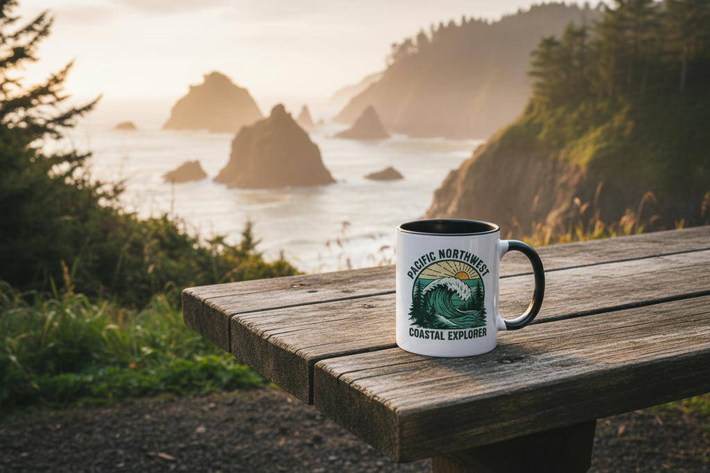 Pacific Northwest Beach Logo Mug on a rustic table near a rocky coastline at golden hour