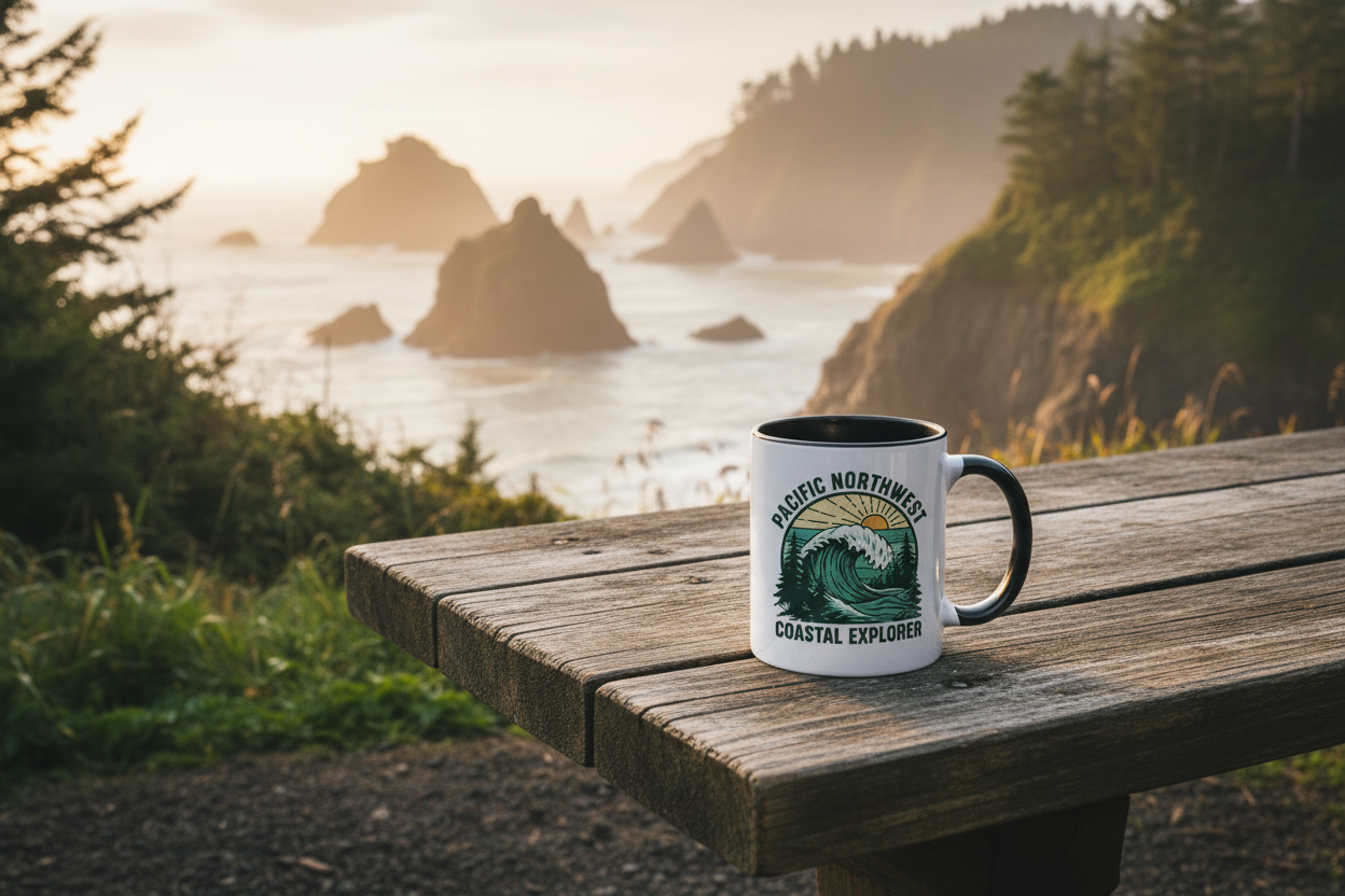 Pacific Northwest Beach Logo Mug on a rustic table near a rocky coastline at golden hour