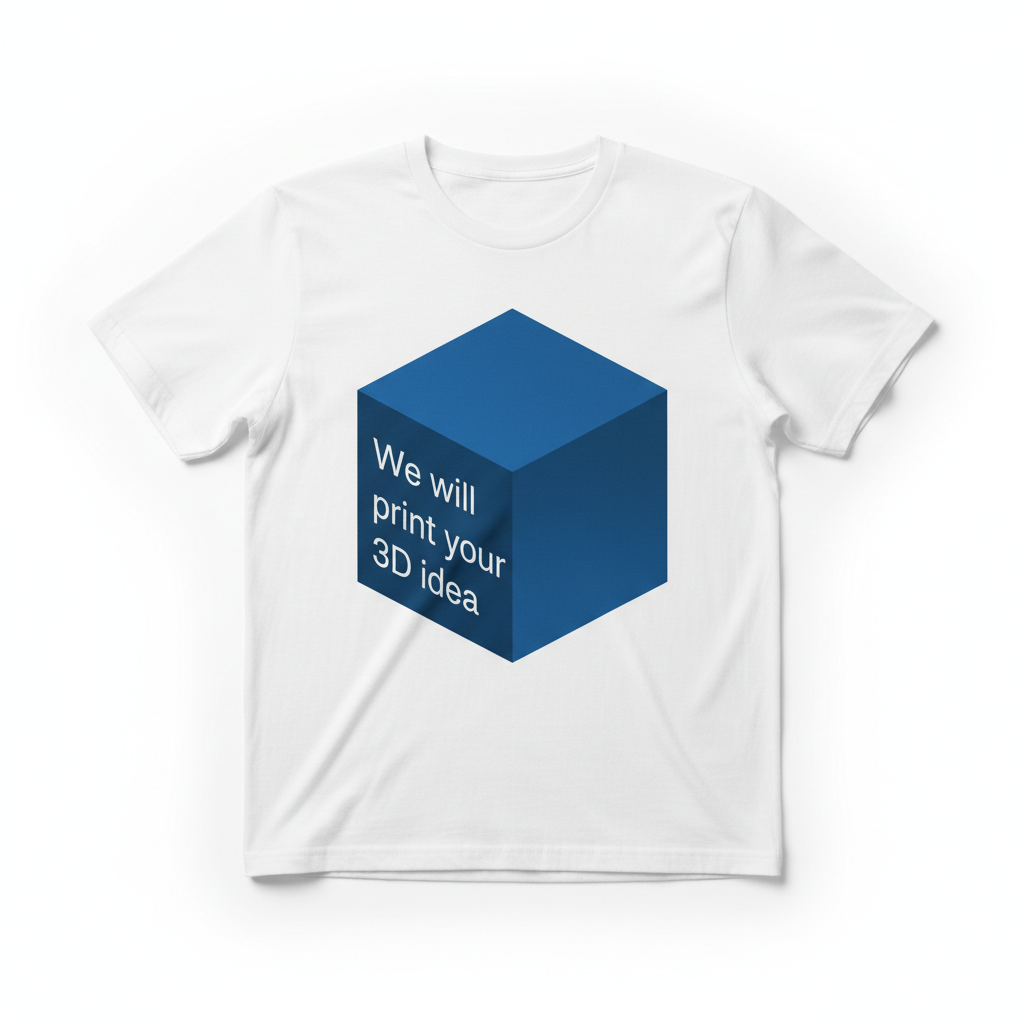 White t-shirt with 3D cube graphic and text We will print your 3D idea