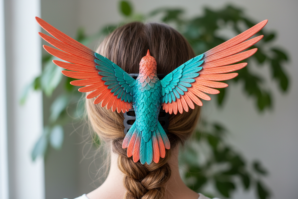 3D-Printed Hummingbird Hair Claw in Teal and Coral - lifestyle shot