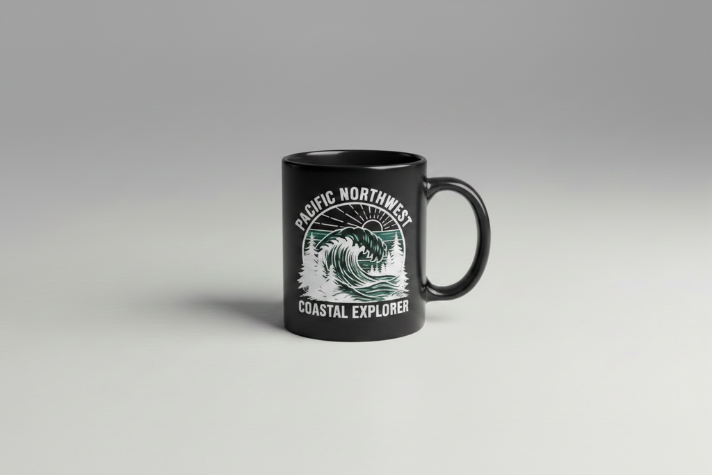 Two-tone mug with black exterior and white Pacific Northwest beach logo