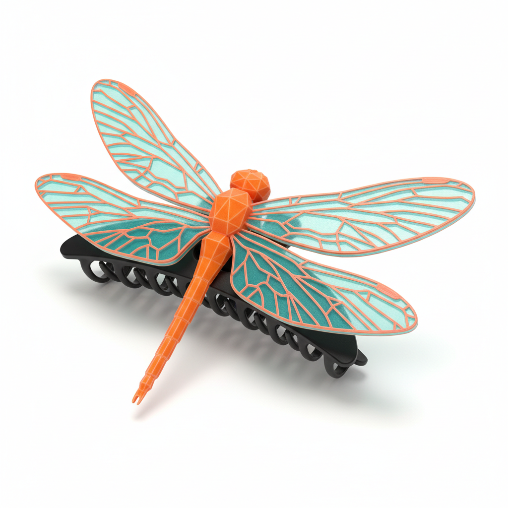 3D-Printed Dragonfly Hair Claw with orange body, teal and coral wings - standalone product shot