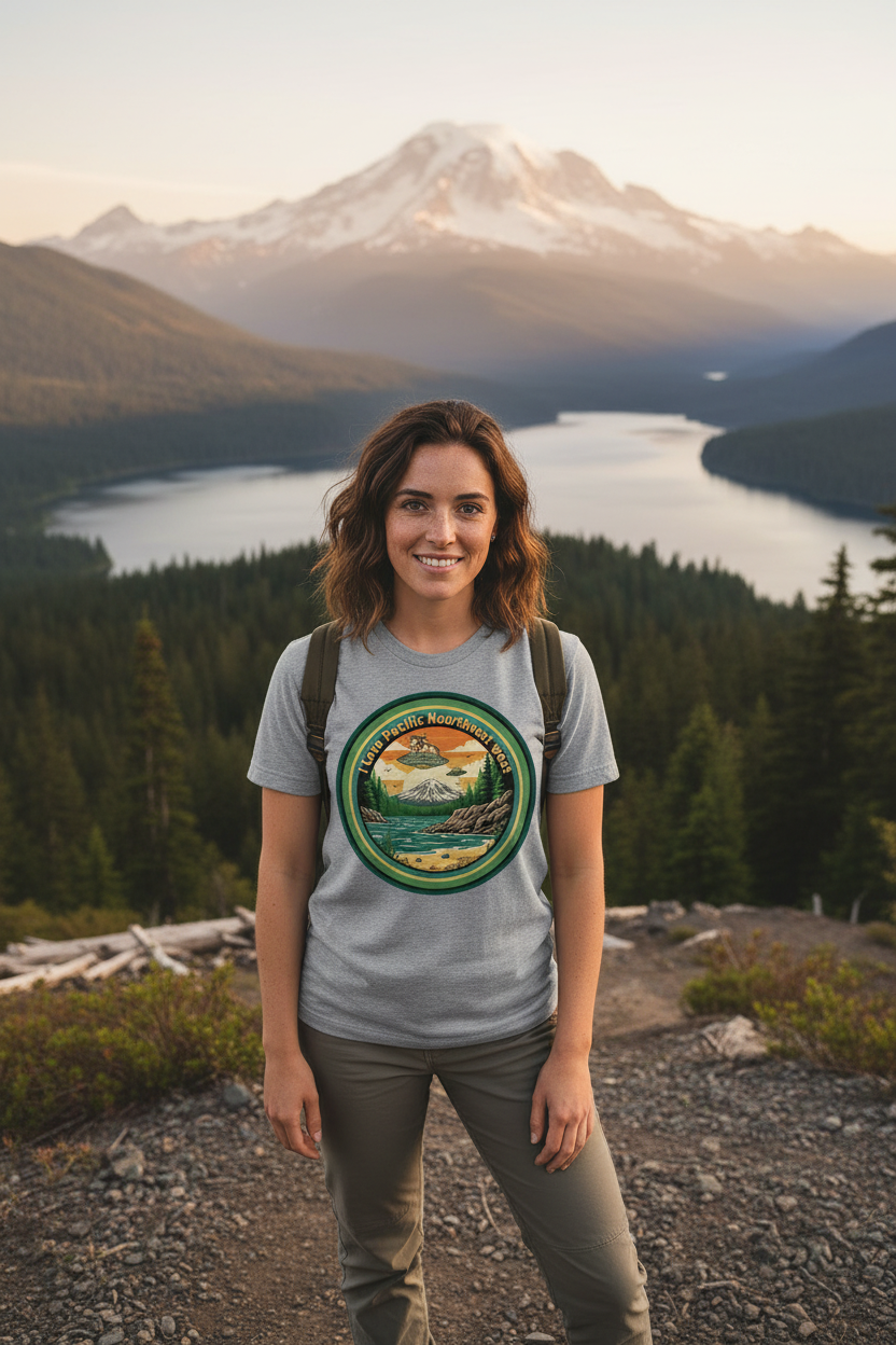 Female model wearing I Love Pacific Northwest t-shirt