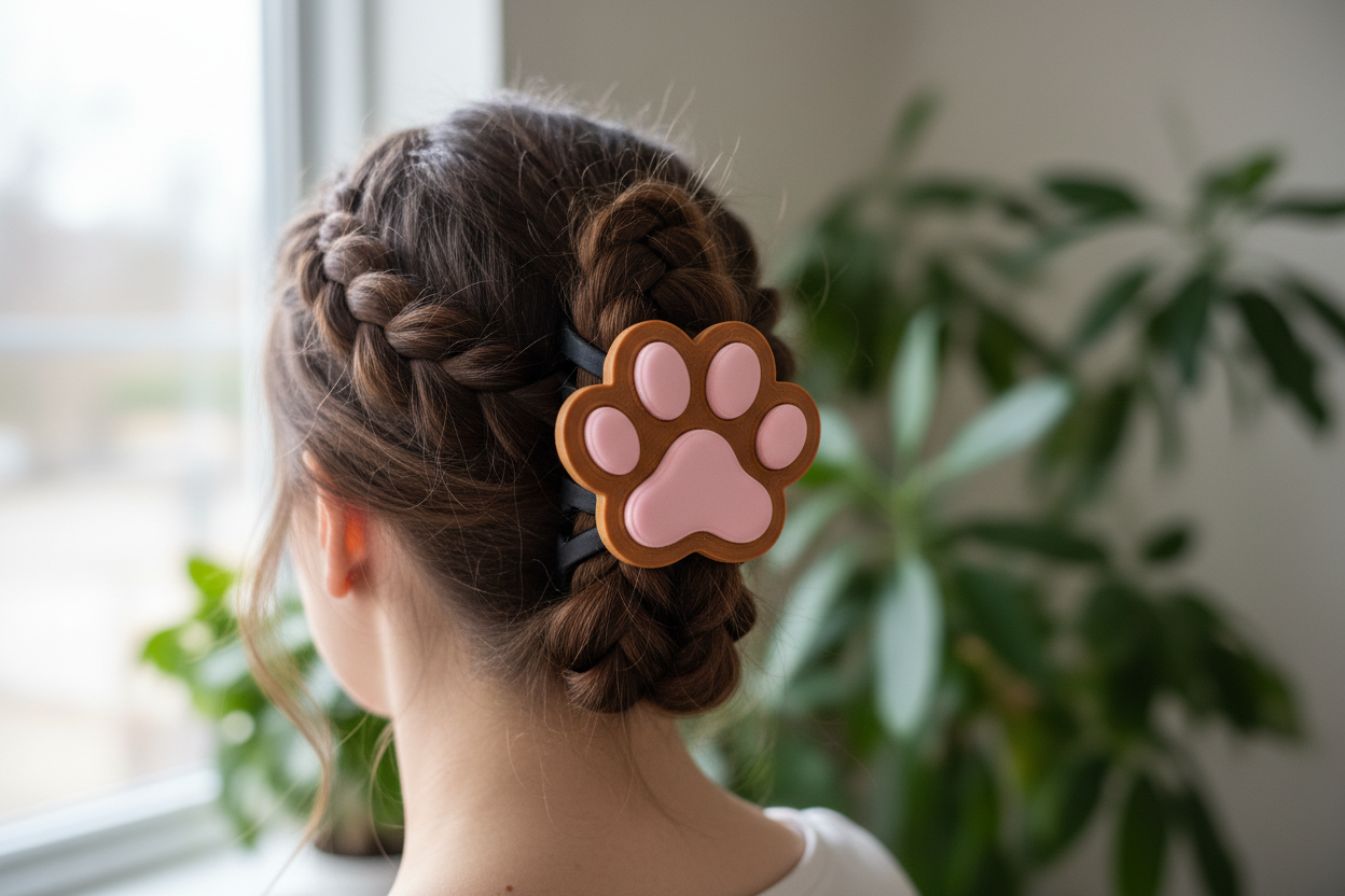 3D-Printed Dog Paw Hair Claw in caramel brown and pink - lifestyle shot