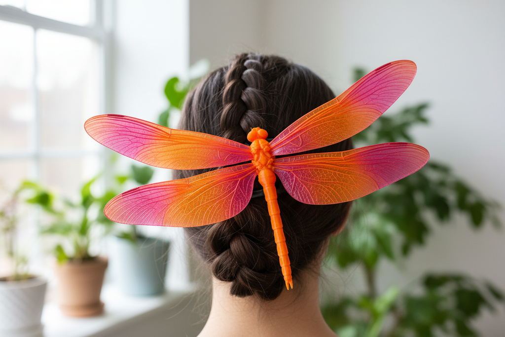 3D-Printed Dragonfly Hair Claw with orange body, sunset orange and magenta wings - lifestyle shot