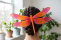 3D-Printed Dragonfly Hair Claw with orange body, sunset orange and magenta wings - lifestyle shot