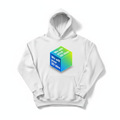 White hoodie with 3D cube graphic and text We will print your 3D idea