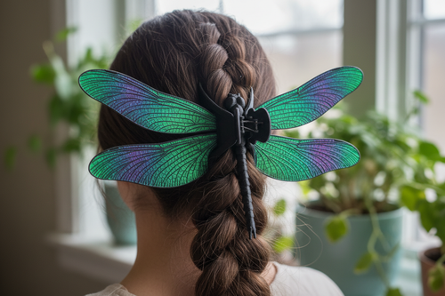 3D-Printed Dragonfly Hair Claw in Emerald Green and Deep Violet - lifestyle shot
