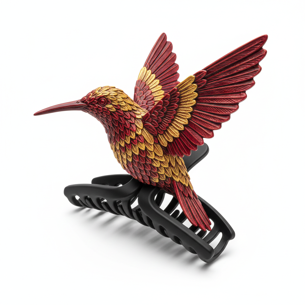 3D-Printed Hummingbird Hair Claw Ruby Red and Gold - standalone product shot