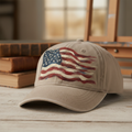 Rustic painterly American flag baseball hat with wind-blown design