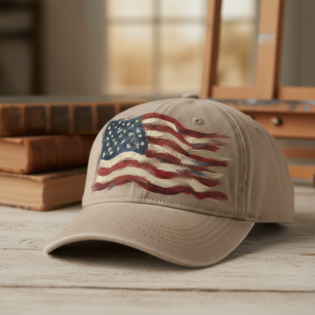 Rustic painterly American flag baseball hat with wind-blown design
