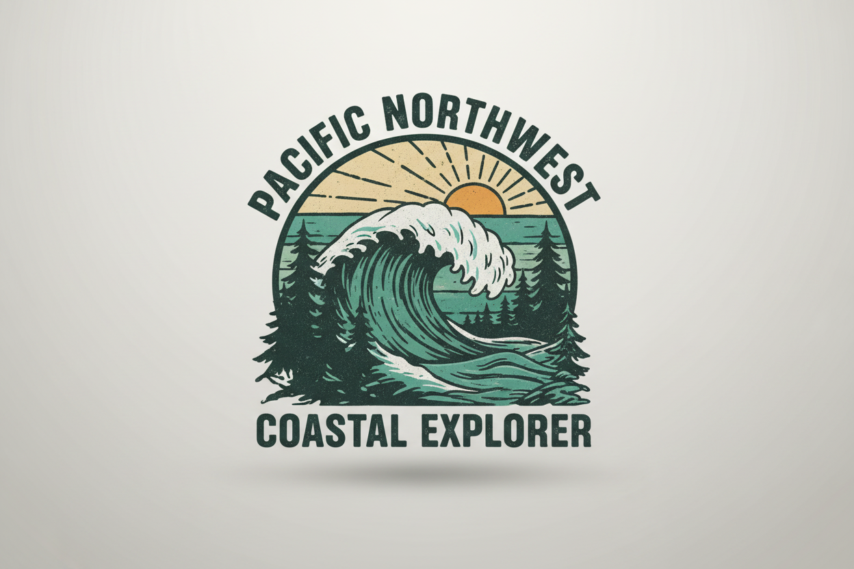 Close-up of the Pacific Northwest Beach T-Shirt graphic logo