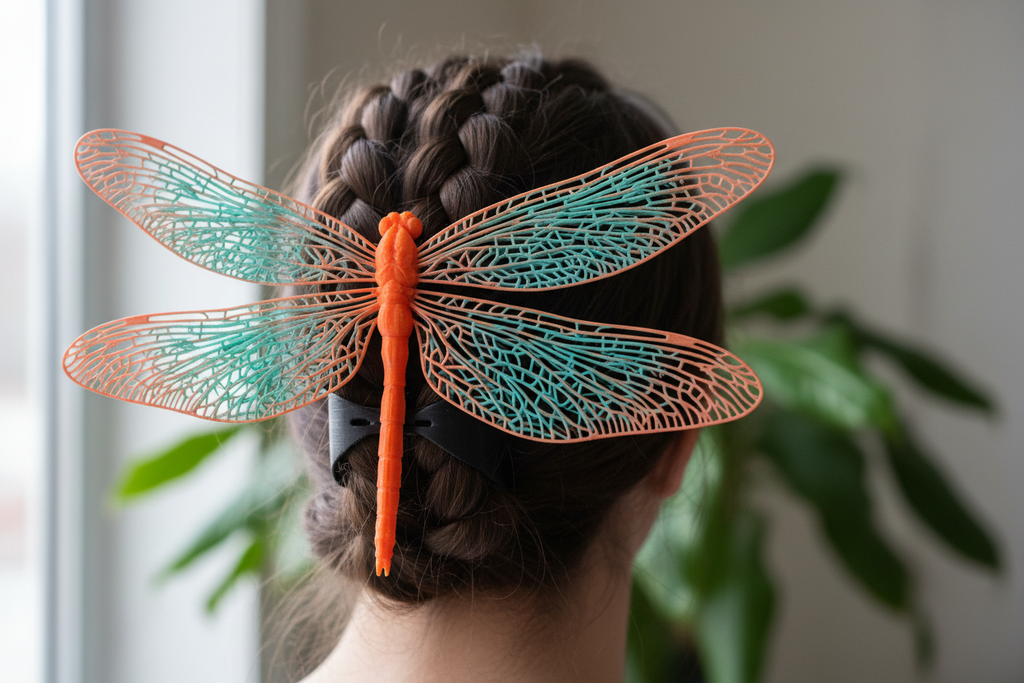 3D-Printed Dragonfly Hair Claw with orange body, teal and coral wings - lifestyle shot