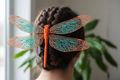 3D-Printed Dragonfly Hair Claw with orange body, teal and coral wings - lifestyle shot