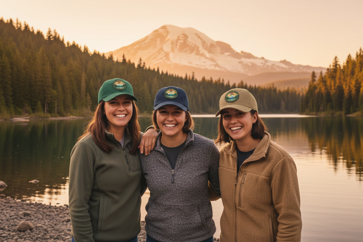 Group of friends wearing Pacific Northwest Love hats in different colors