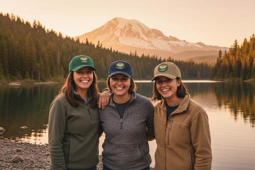 Group of friends wearing Pacific Northwest Love hats in different colors