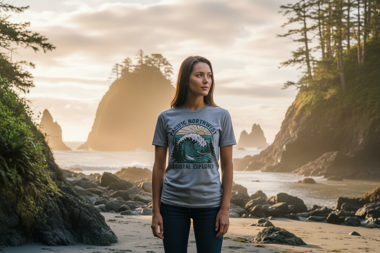 Diverse female model wearing the Pacific Northwest Beach T-Shirt on a rocky coastline at golden hour