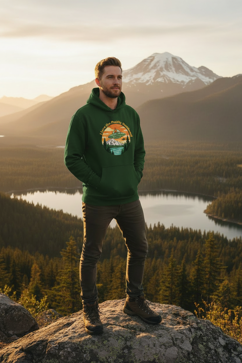 Man on mountain summit wearing I Love the Pacific Northwest green hoodie
