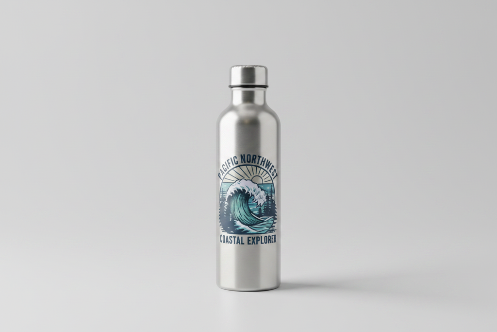 Pacific Northwest Beach Logo Metal Water Bottle standalone product shot