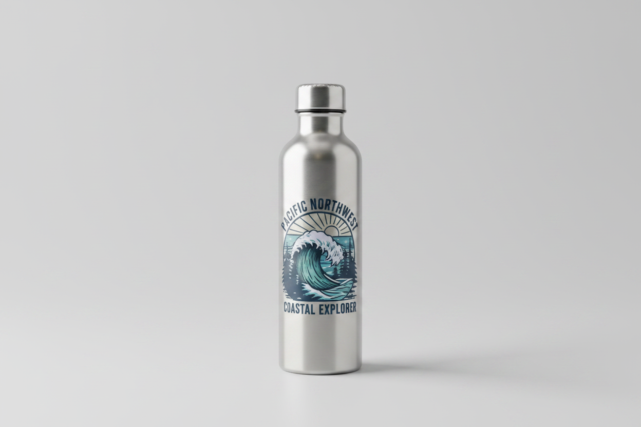 Pacific Northwest Beach Logo Metal Water Bottle standalone product shot