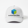 White hat with 3D cube graphic and text We will print your 3D idea