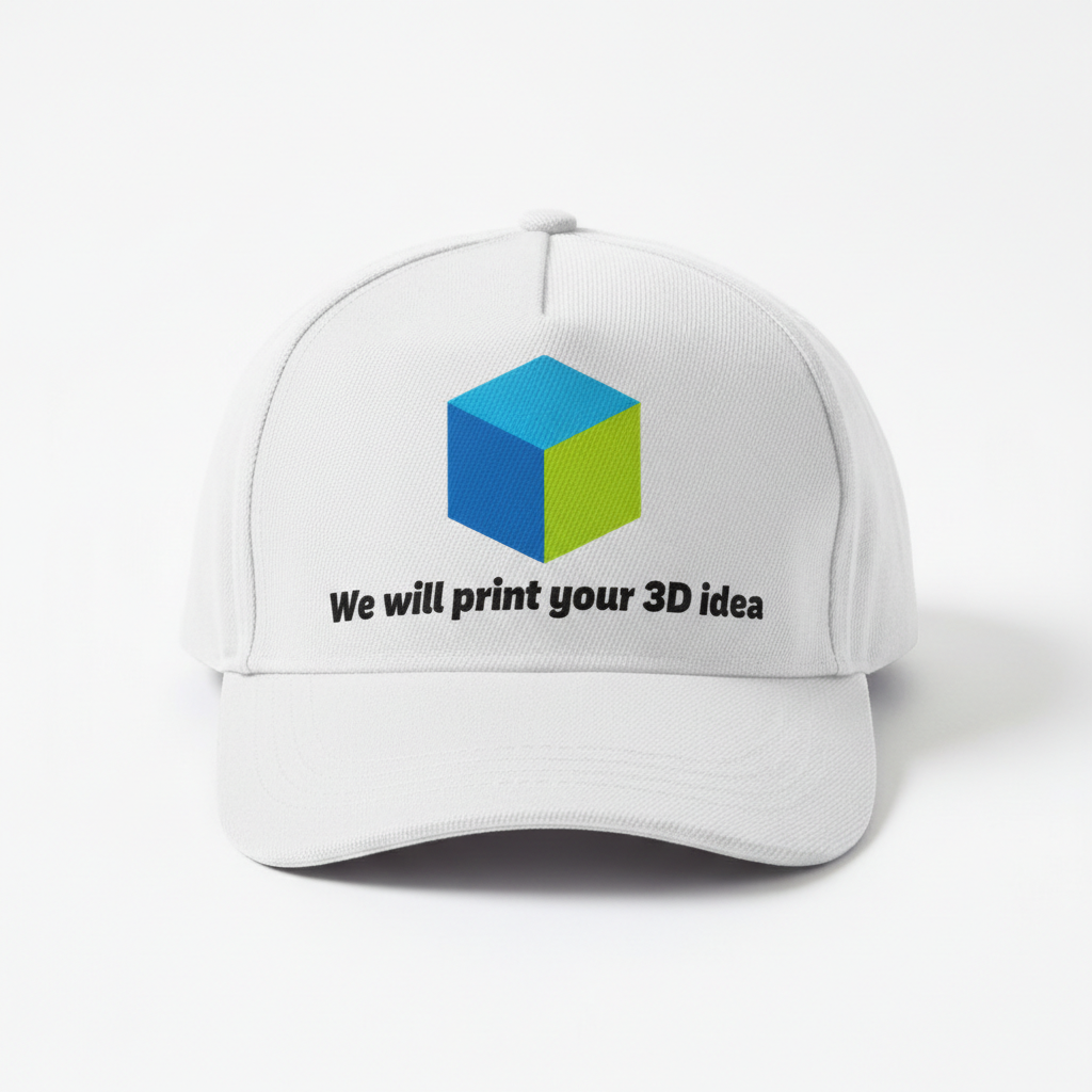 White hat with 3D cube graphic and text We will print your 3D idea