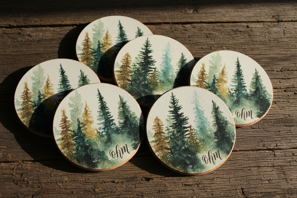Evergreen watercolor cork coaster 6-pack with OHM watercolor initials - lifestyle shot