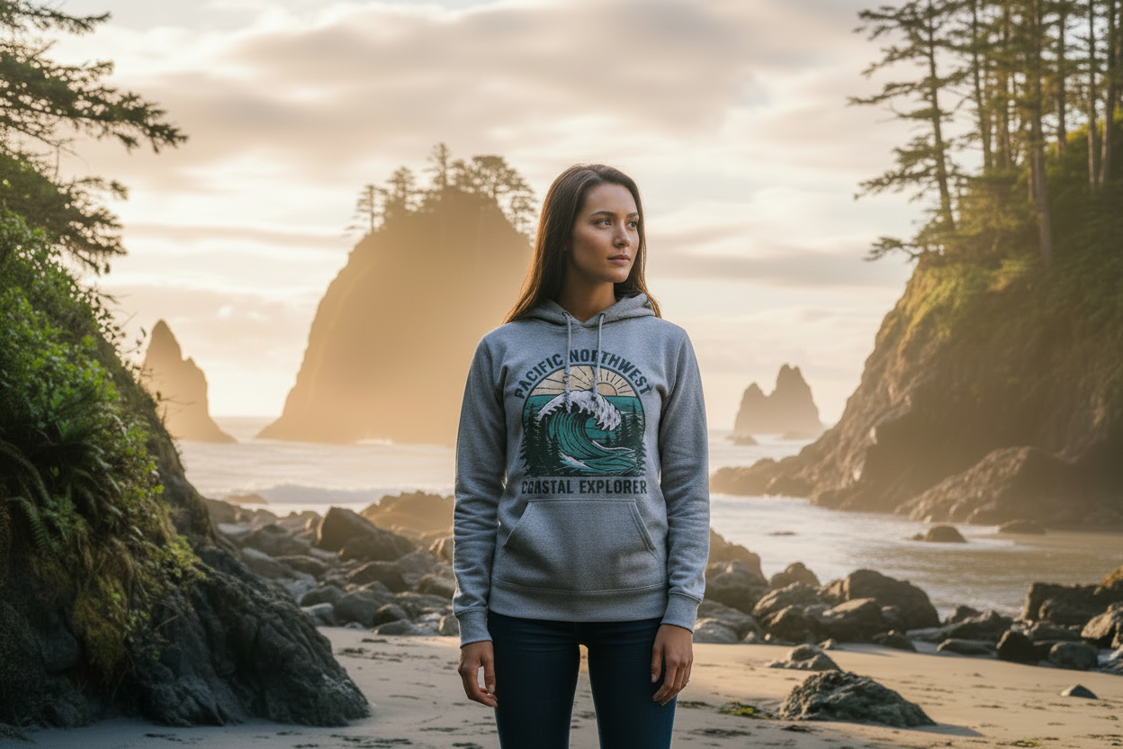 Diverse female model wearing the Pacific Northwest Beach Hoodie on a rocky coastline at golden hour